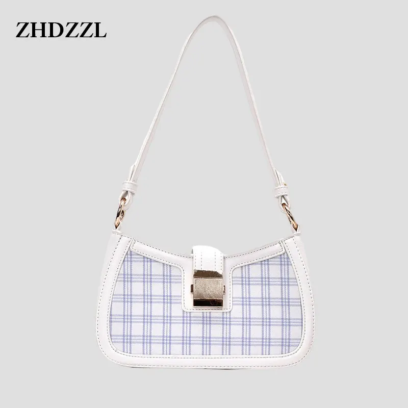 

Women Plaid Pattern Baguette Bag Single Strap Medium College Leather Shoulder Bag Luxury High Quality Underarm Handbag For Lady