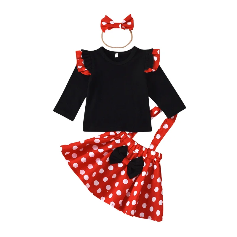 

0-5Y Little kid Autumn And Winter Long-sleeved Cartoon Polka Dot Suspender Skirt 3pcs Suit With Hair Tie Girl's Christmas Outfit