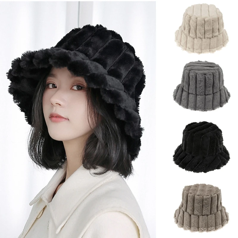 

Solid Color Faux Rabbit Fur Wool Winter Fall Plush Striped Hat Warm Fisherman Fit for Home Trend Bucket Casual