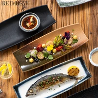 1pc nordic style 12inch retro boat shape ceramic sushi sashimi fish dim sum snack long dinner plate dish household tableware