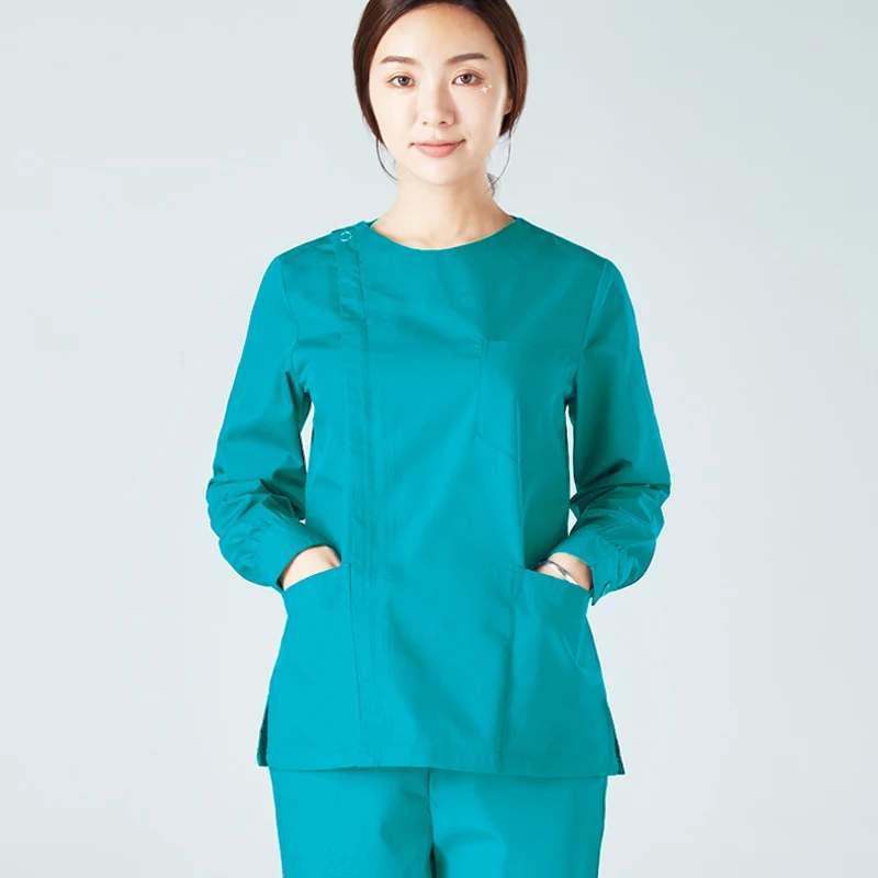 Women's Fashion Long Sleeves Medical Scrubs Set Pure Cotton Side Opening Front with Zipper and Scrub Pants Nursing Uniforms |