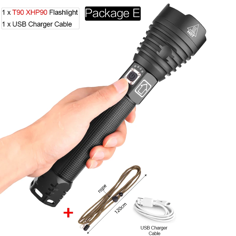 Package E XHP90 самый мощный светодиодный фонарик XLamp 18650 26650 Zoom Torch XHP70.2 USB Перезаряжаемый тактический фонарь для кемпинга охота лампа - Испускаемый цвет: Package E