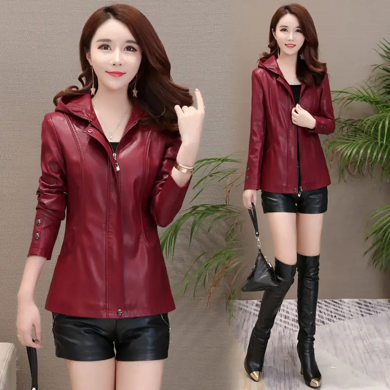 2021 Women Hooded PU Leather Jackets Turn-down Collar Casual Outerwear Motorcycle Coats Female Fashion Faux Leather Jacket X607
