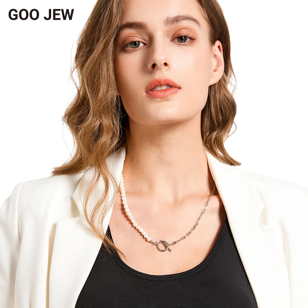 GOO JEW Ожерелье из натурального круглого жемчуга цепочка нержавеющей стали модное