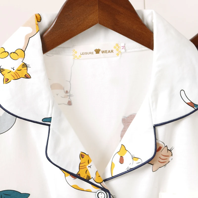 CAIYIER Summer Women Cotton Pajamas Sets Cute White Cat Print Short Sleeve Sleepwear With Eye Mask Girls Nightwear Lovely Homewe