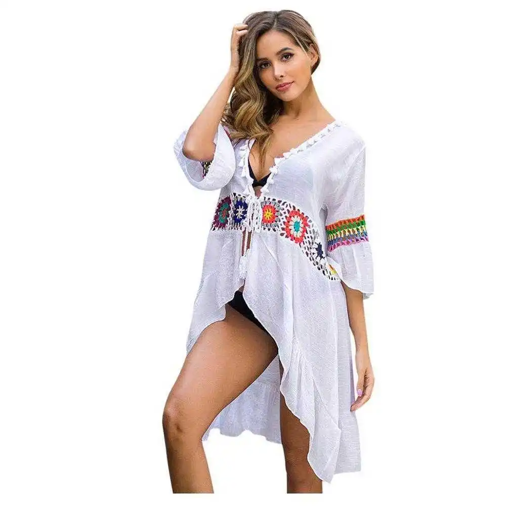 

Summer Boho Beach Cover-up Women Swimwear Crochet Beach Tunic Sexy Swimsuit Female Plage Pareo Cover-up White Beach Dress 2020