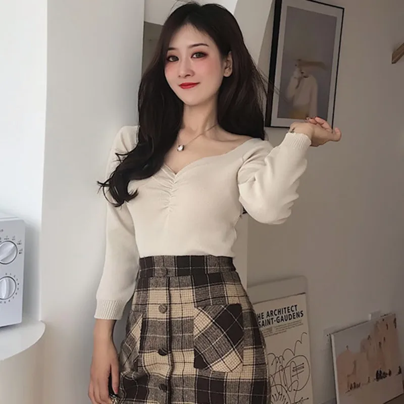 

Korean Style Women Sweaters Solid Color V neck Autumn Ladies Knitwear Clothing Pull Femme Pullover