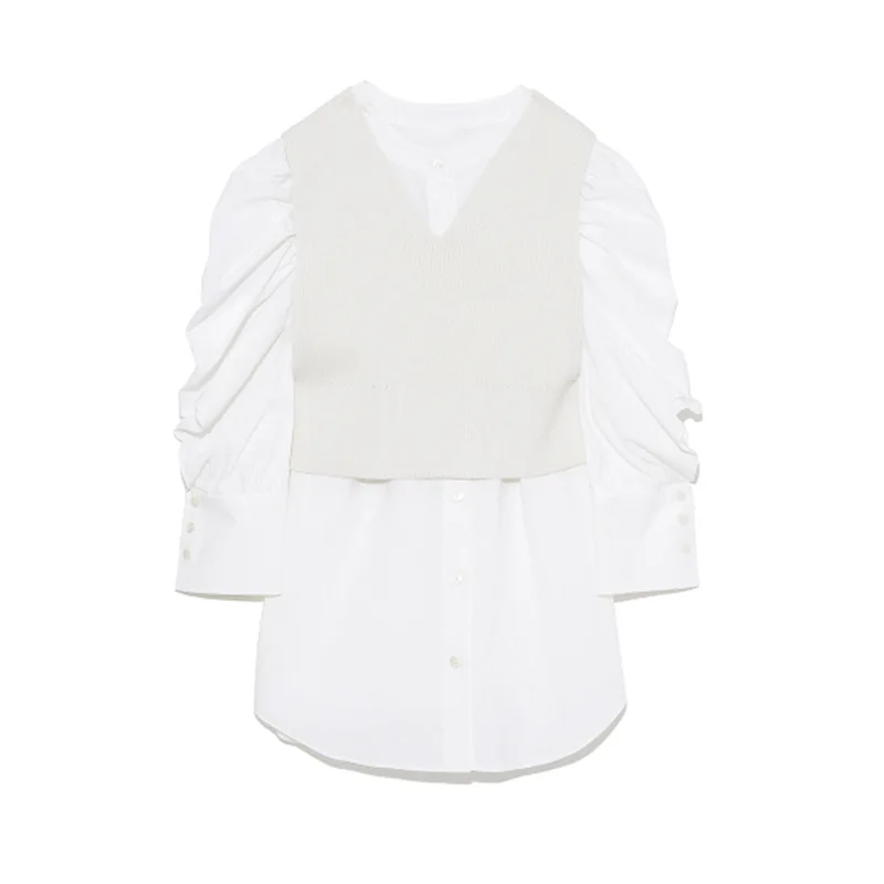 

Spring Office Lady Suit Sweet Solid Woman Shirts New Ruffles Puff Sleeve Design Blusas with Knitted Vest Simple 2 Piece Set