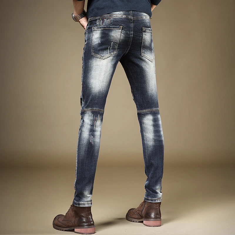 Autumn New Men Blue Patchwork Ripped Jeans Fashion Embroidery Straight Pants Slim Fit Casual Cotton Denim Trousers