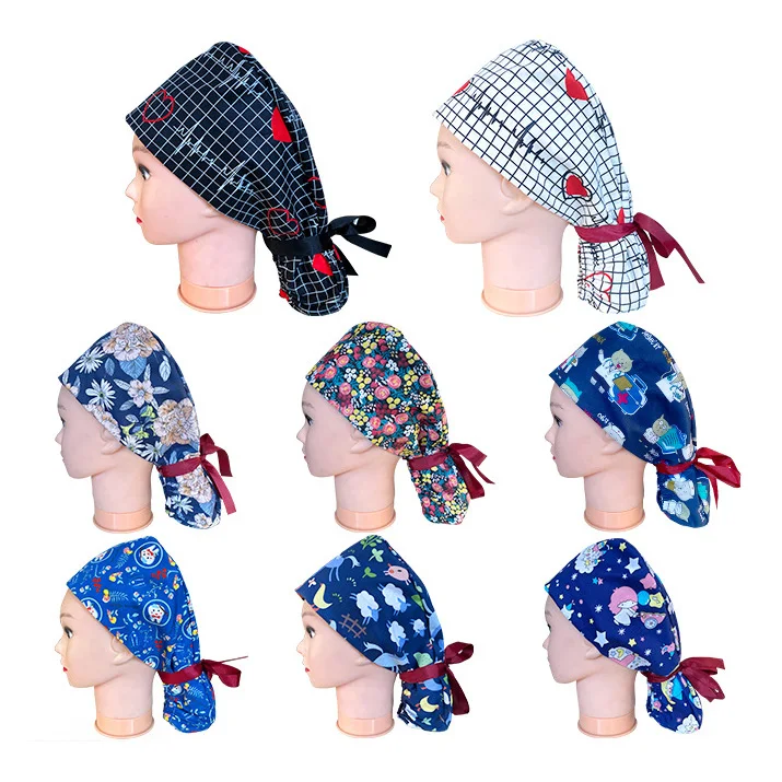 

Adjustable Scrubs Unisex Printing Cotton Scrub Hat Salon Working Caps Sweat-absorbent Elastic Multicolor Scrubs Hats