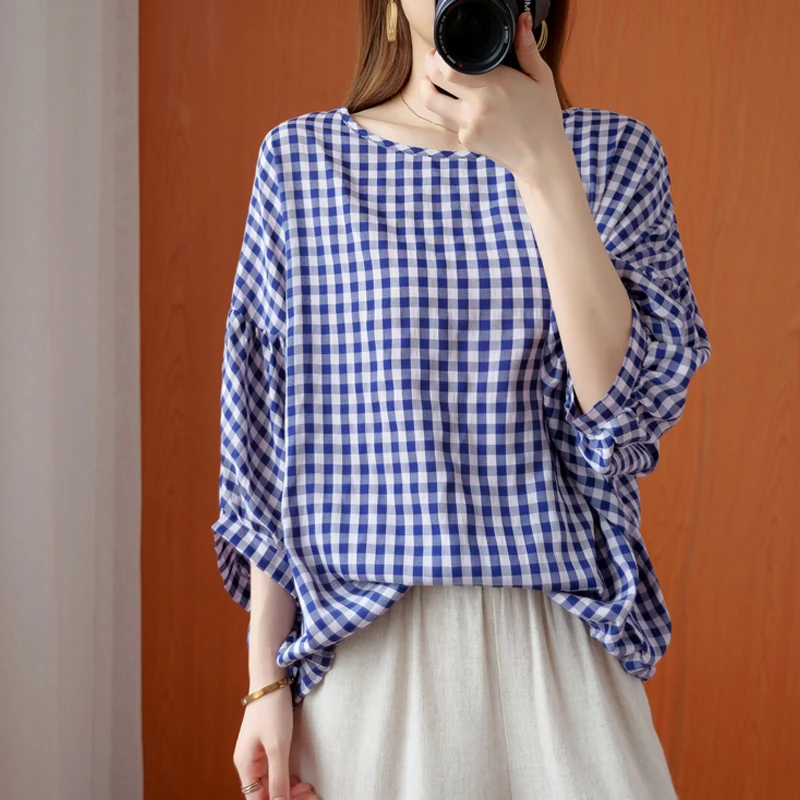 

Women Plus Size 2021 The New Summer Blouse T-Shirt Style Ladies Linen Plaid Print Slim Vintage Bat Fashion Oversize Tops T-Shirt