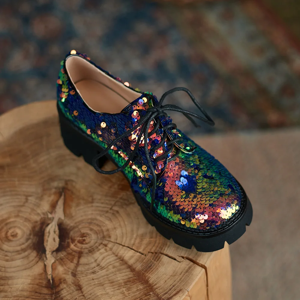 Women Spring Summer Casual Platform Footwear Leather Oxford Shoes Ladies Round Toes Lace Up Chunky Heels Black Silver Gold Green | Обувь