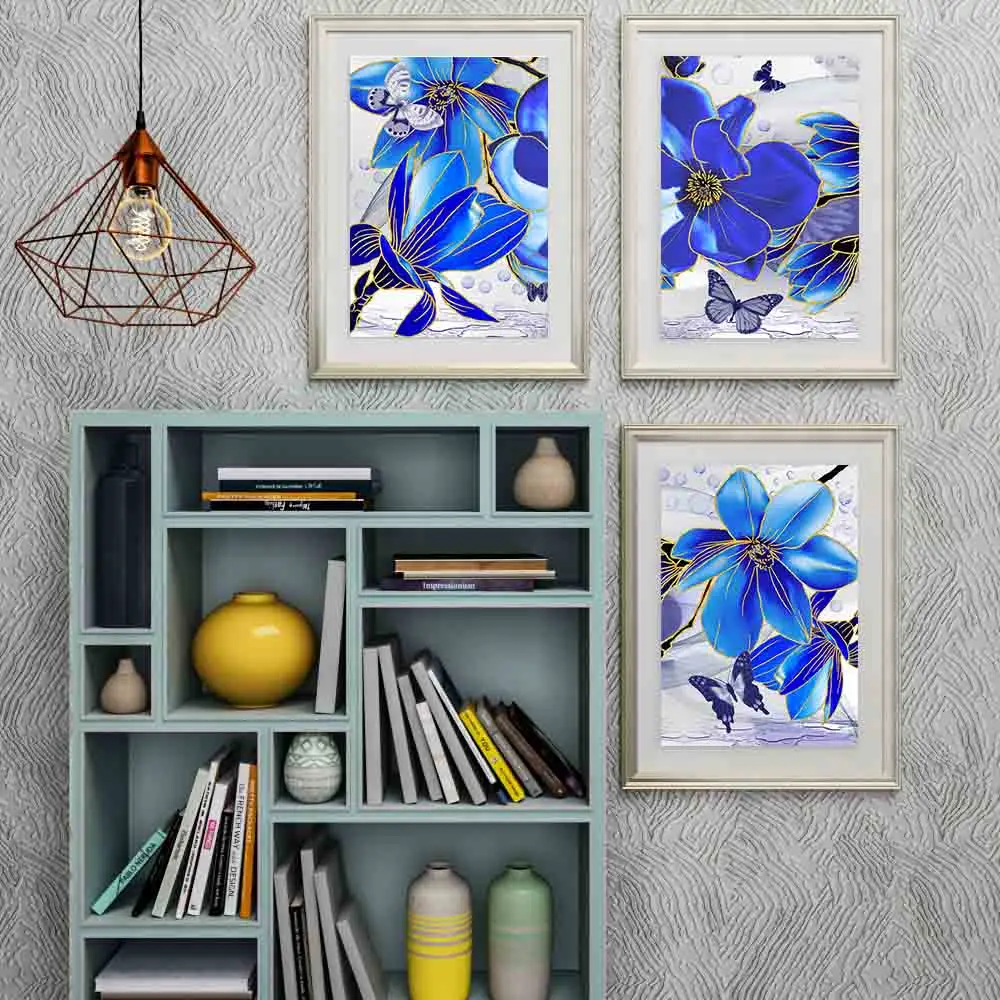 

Nordic plant oil painting blue flower still life abstract art canvas painting living room corridor office home decoration mural