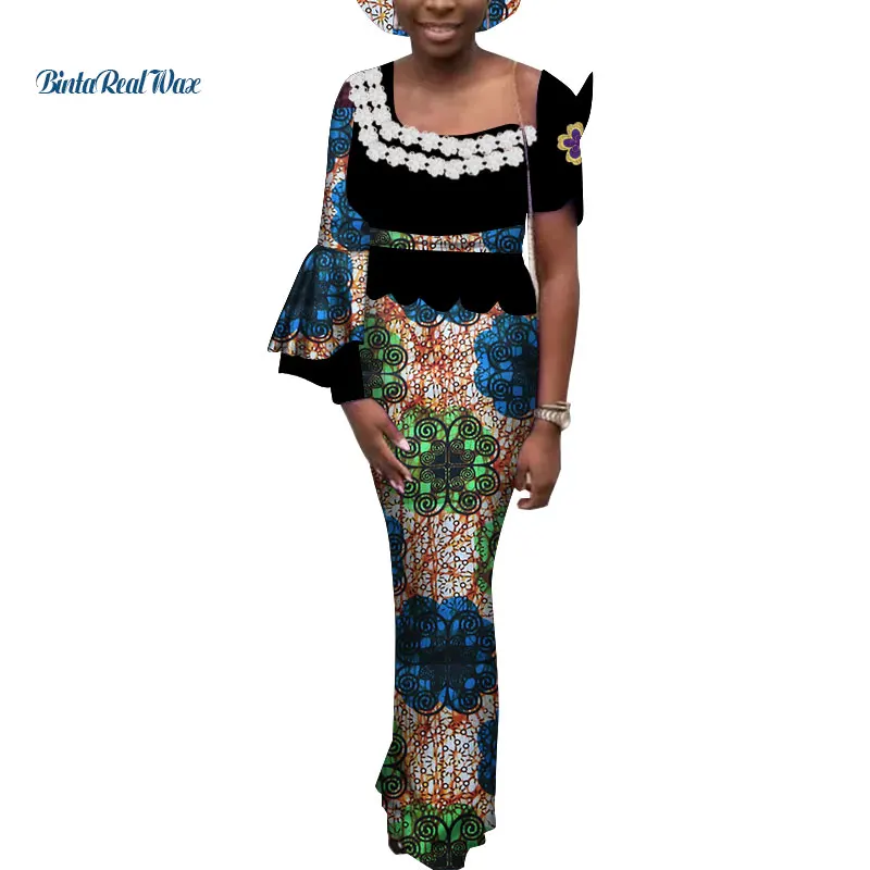 Африканские платья для женщин с аппликацией в виде цветка длинные принтом Базен