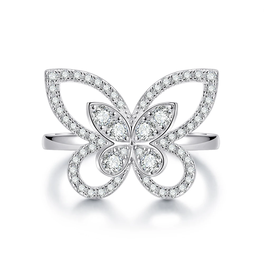 

STKJ 925 Silver Butterfly Design D Color Moissanite 0.52 Carat Total VVS1 Wedding Ring Ladies Gift Ladies Ring