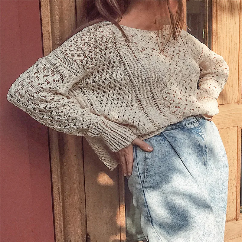 

Womens Casual Long-sleeve Knitwear Pullovers Autumn Fashion Hollow Solid Color Round Neck Pullover Top Spring Woman Sweaters