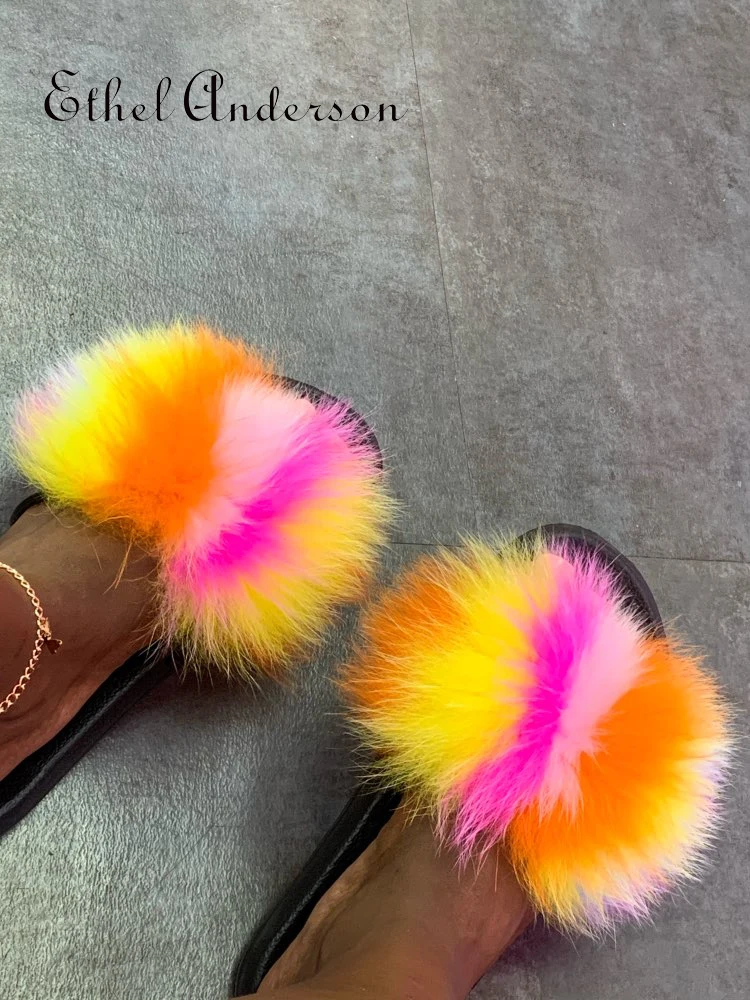 

Лидер продаж, модные меховые тапочки, женские сандалии на плоской подошве с лисьим мехом, пушистые Шлепанцы из натурального меха енота