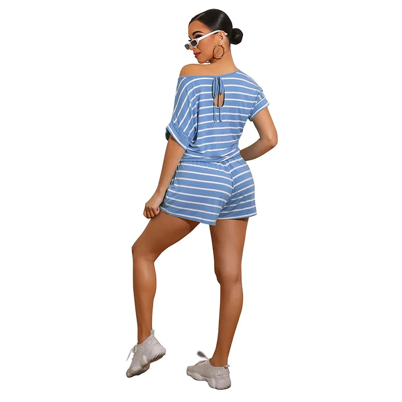 

WEPBEL Playsuits Summer Striped Loose Playsuits Women's Short Sleeve O-Neck Off-Shoulder Lace-up Pocket Straight Playsuits