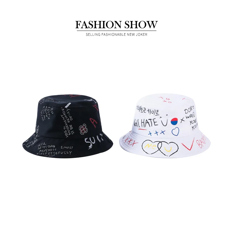 Летняя шляпа в Корейском стиле черно белая Панама с граффити форме сердца