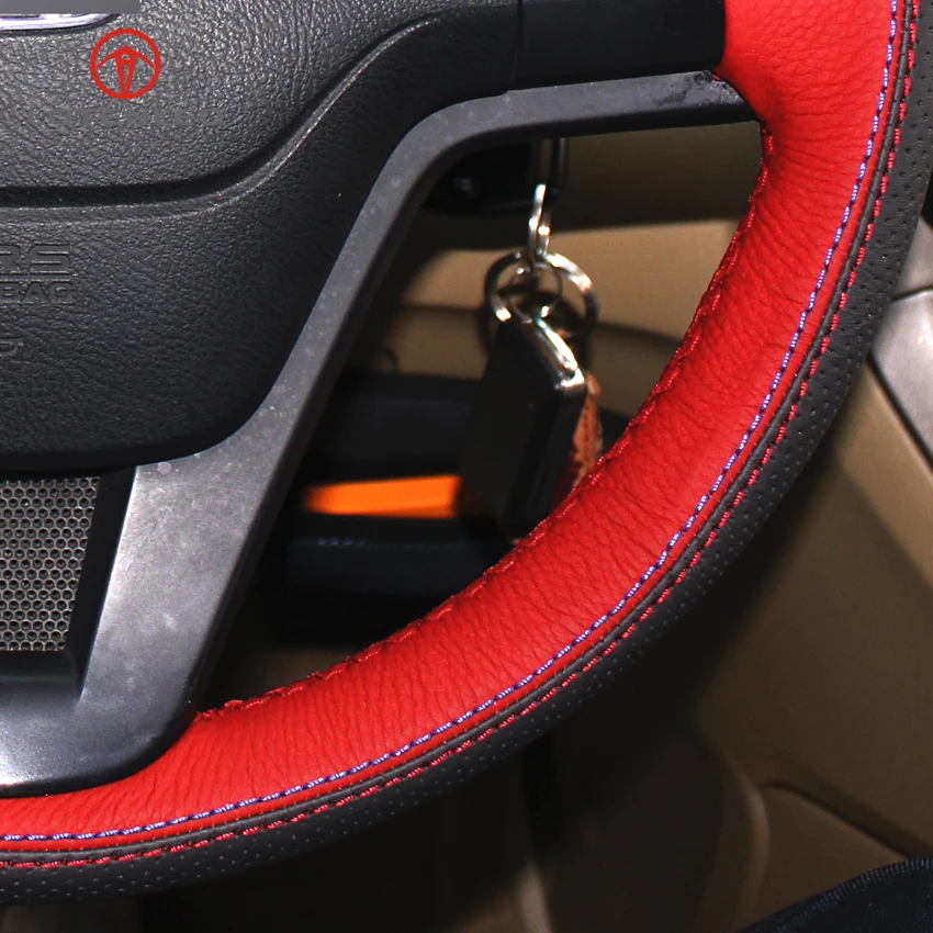 

LQTENLEO Red Black Genuine Leather DIY Hand-stitched Car Steering Wheel Cover for Honda CRV 2007 2008 2009 2010 2011