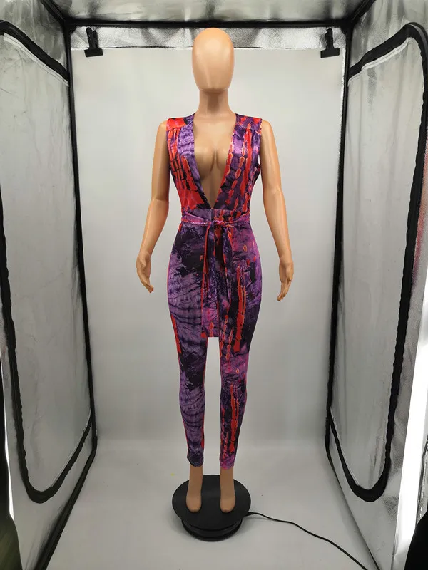 Новый сексуальный комбинезон с v образным вырезом и принтом комбинезоны поясами