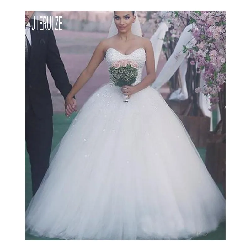 JIERUIZE великолепные белые жемчужные свадебные платья с вырезом сердечком на молнии сзади бальное платье