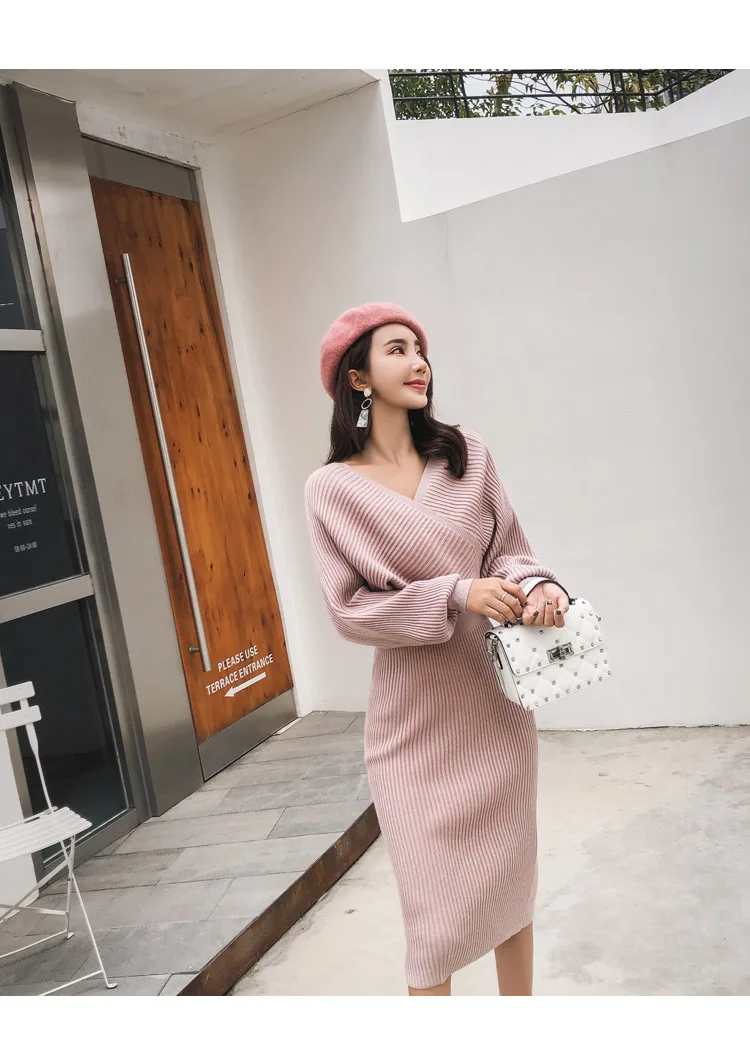 

High Quality 2021 Autumn winter Women knitting batwing Sleeve Sexy V-Neck Tops+two piece Tall waist pencil Skirt set