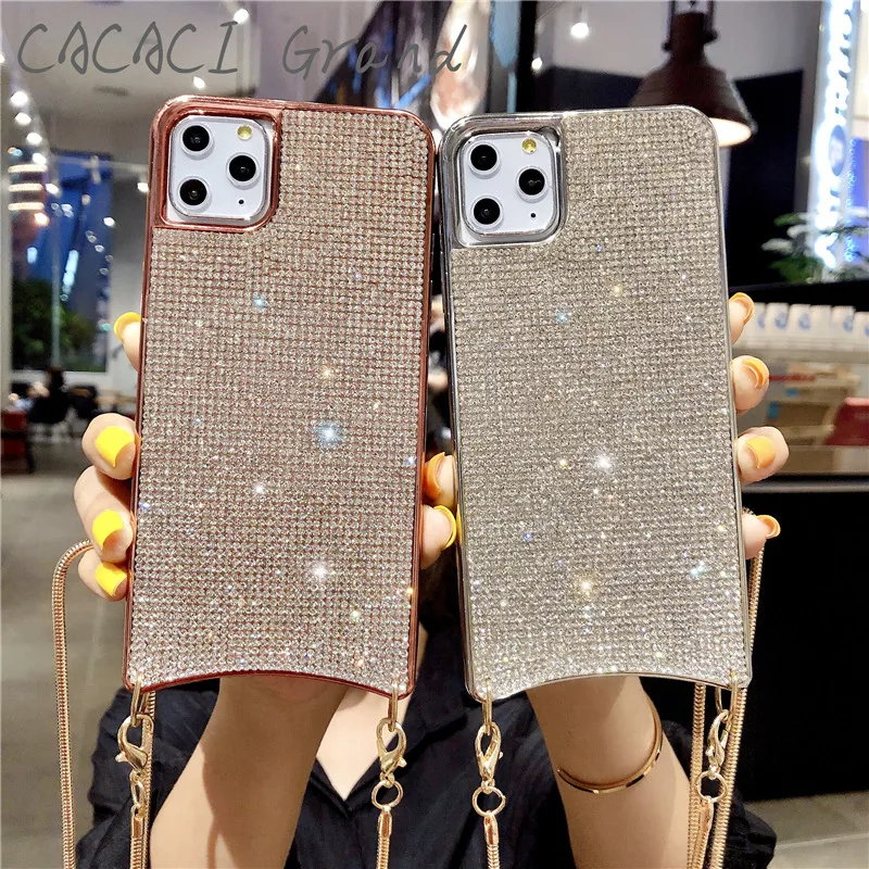 Роскошный чехол с блестящими бриллиантами для apple iphone xs 11 pro max XR X 7 8 6S 6 PLUS, чехол с металлическим ожерельем через плечо