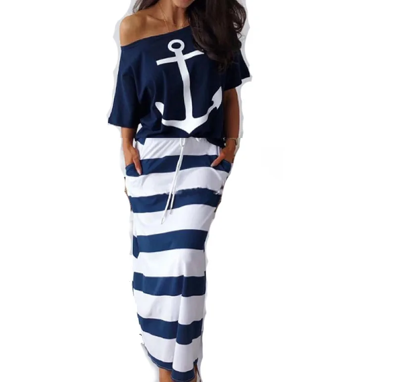 

2021 Amazon eBay pops Navy Wind Casual Boat Anchor print short-sleeved T-shirt with skirt set