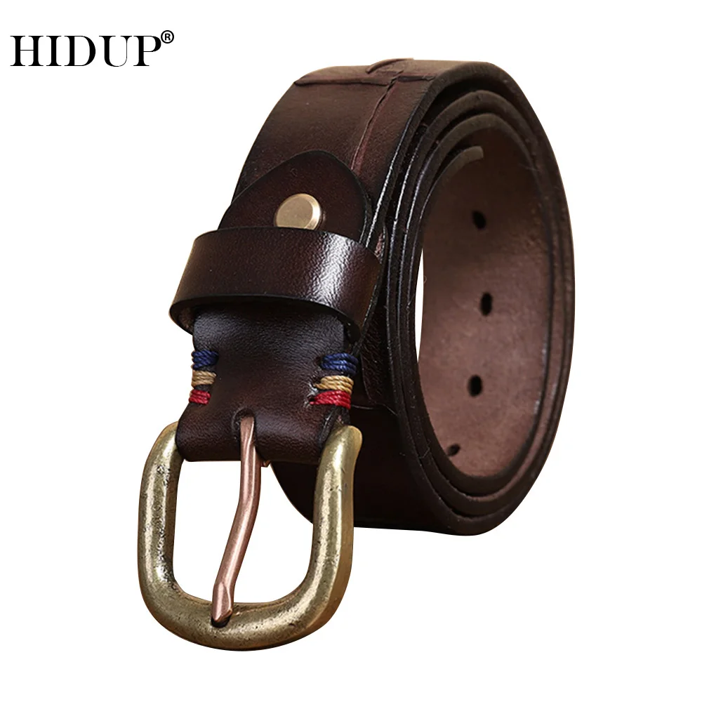 HIDUP Unique Retro Styles Striped Line Cowskin Leather Belts Brass Pin Buckle Metal Solid Cowhide Belt Jeans Accessories NWJ1084