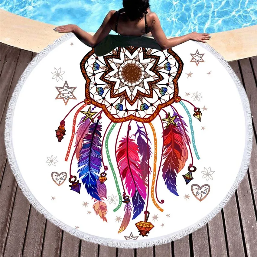 

Round Dreamcatcher Feather Beach Towels Summer Yoga Mat Seaside Bath Shower Towels With Drawstring Backpack Bag Bikini Cover Up