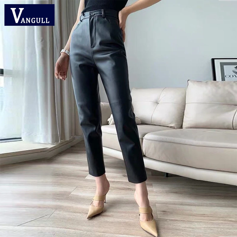 

Женские повседневные Прямые брюки Vangull, черные брюки из искусственной кожи с высокой талией, на весну, 2019