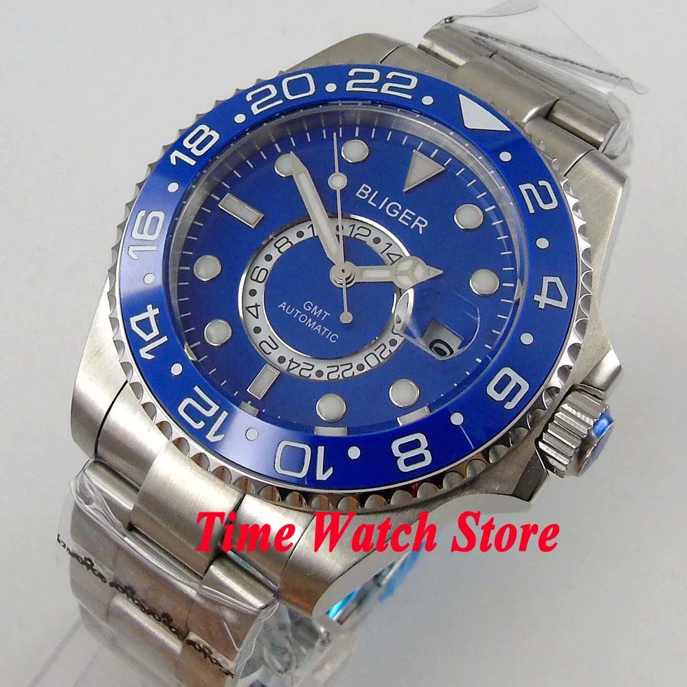 

43mm Bliger GMT 5833 Luxury Automatic wrist Men's watch sapphire glass luminous blue dial ceramic bezel Date display waterproof