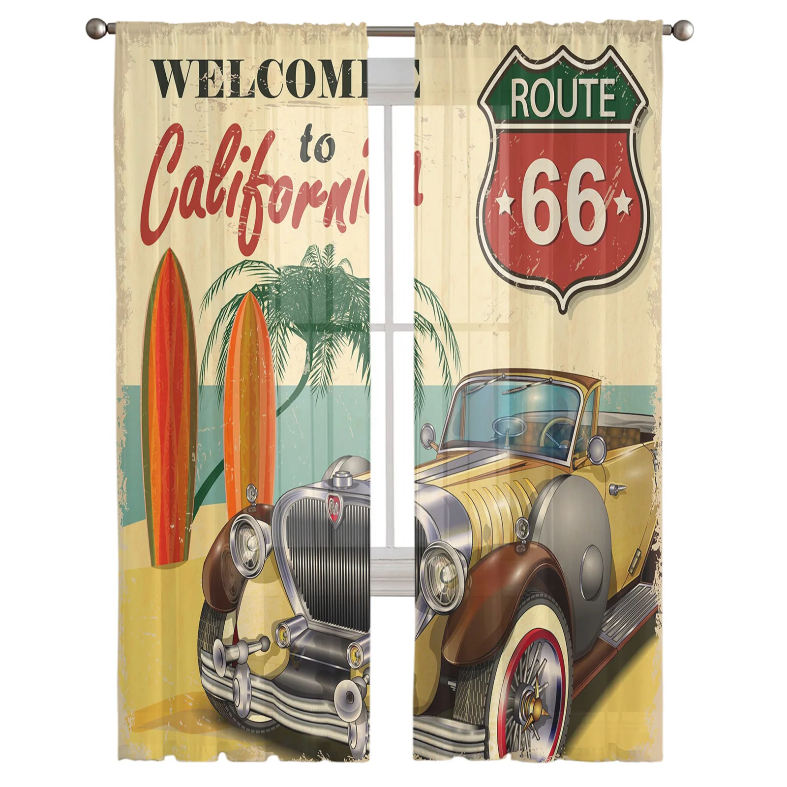 Ретро-автомобиль морской пляж постер Калифорния прозрачные Занавески для