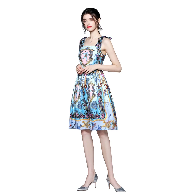 

2021 Newest Fashion Runway Summer Midi Dress Women Spaghetti Strap Vintage Floral Print Backess Sexy Sheath Elegant Party Dress