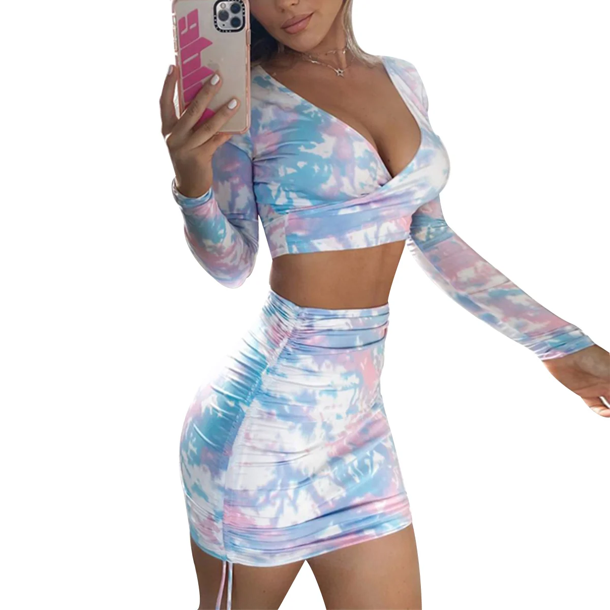 

Tie Dye Women Sexy Deep V Neck Long Sleeve Short Skirt Outfits Fashion Female Crop Pullover Top Drawstring High Waist Skirt