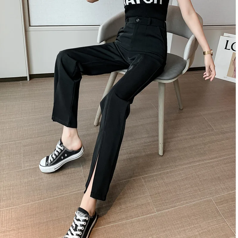 

#2152 Black White Formal Pants For Women Split Casual Long Pants Female Straight High Waisted Trousers Ladies Korean Fashion