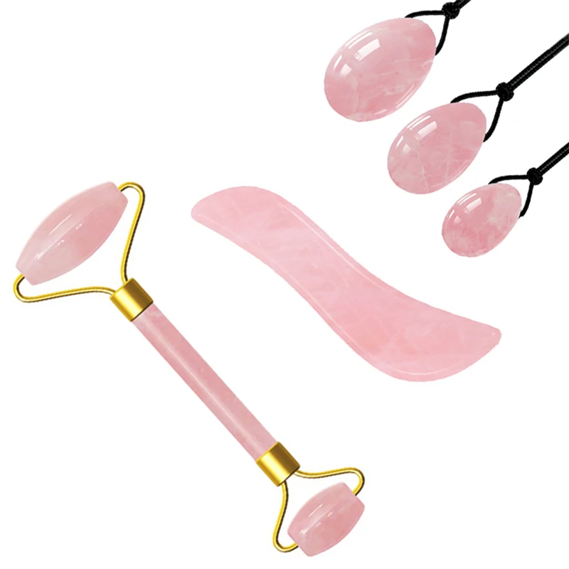 3Pcs Set A Розовый кварц нефритовый ролик s-образный Gua Sha доска Yoni яйцо нефритовые яйца набор для массажа лица Кристальный камень нефрит Массажер для кожи лица ролик - Цвет: 3Pcs Set A