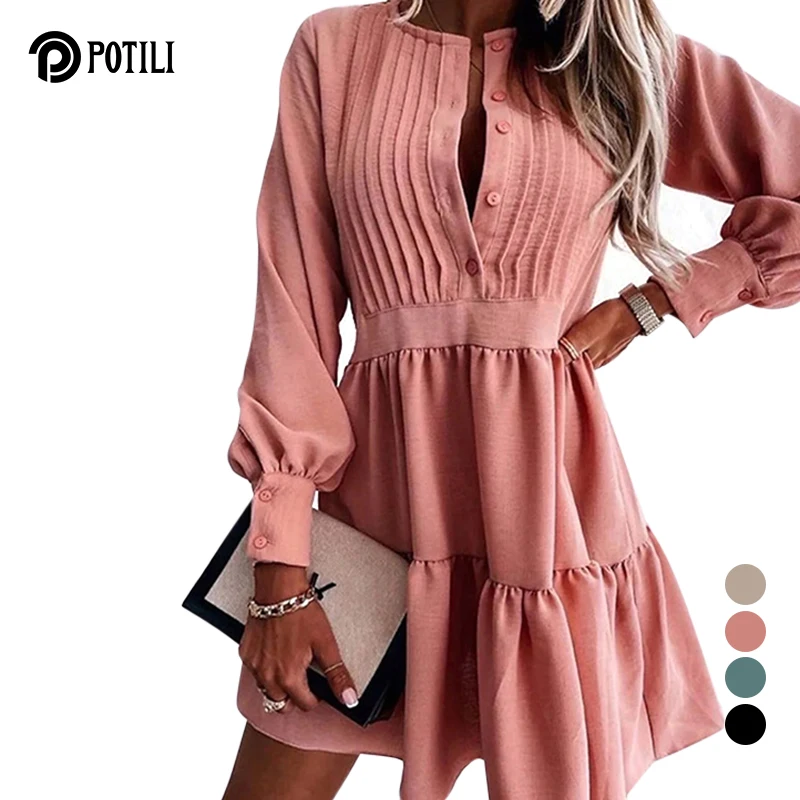 

POTILI O Neck Button Draped Dress Women Lantern Long Sleeve A-Line Mini Dress 2022 Spring Autumn Elegant Office Lady Party Dress