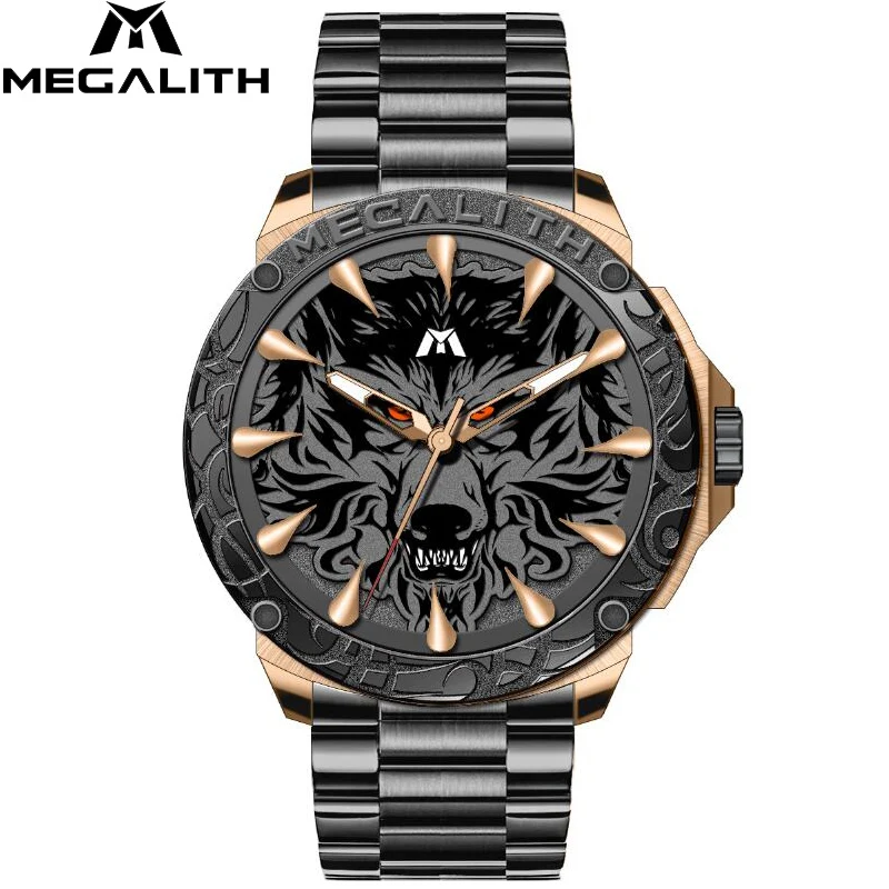 steel black gold Relogio Masculino,, MEGALITH, спортивные, тисненые, Волчья Голова, кварцевые часы, водонепроницаемые, нержавеющая сталь, Роскошные наручные часы, мужские часы - Цвет: steel black gold