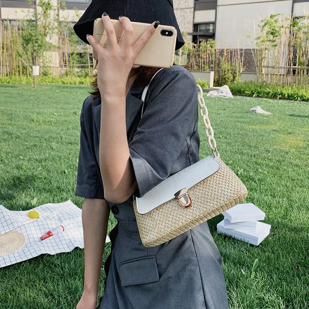 

Creative Design Straw Woven Handbag Women Classic Texture Chic Knit Splicing PU Totes Holiday Underarm Shoulder Bags