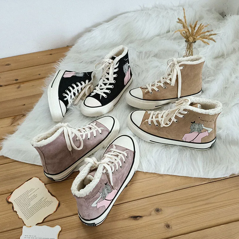 

New Winter High-top Canvas Shoes Female Trendy Cotton Shoes Plus Velvet Wild Sneakers Thick-Soled Warm Women's Shoe Tide W24-59
