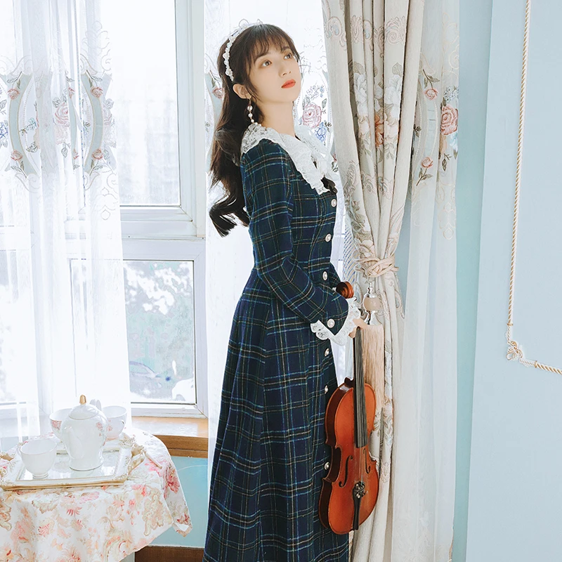 2019 Новая мода Женская одежда с длинным рукавом осень и зима клетчатое платье для