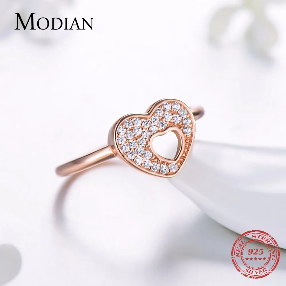 

Modian 2021 New Authentic 925 Sterling Silver Hearts Ring Rose Gold Color Fashion Finger Stackable Wedding Engagement Jewelry