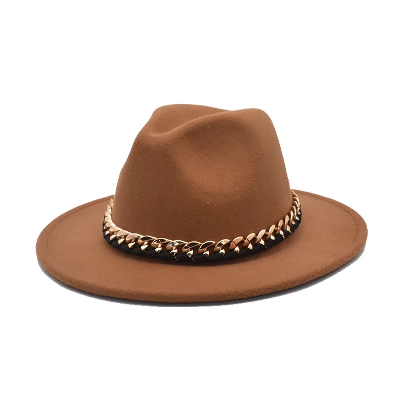 New Fashion Fedoras Hats Women Wool Chain Wide Brim Jazz Hat Vintage Panama Cowboy Hat Men Black Caps Dropshipping F111