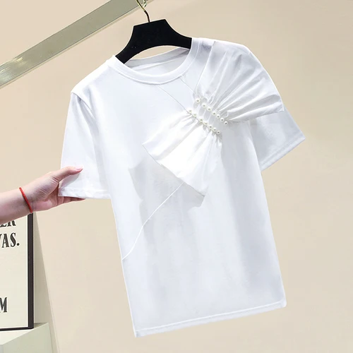 

Side Bow Round Neck White Pure Cotton Short Sleeve Loose T-shirt Women 2021 New Design Summer Top Tees White Black