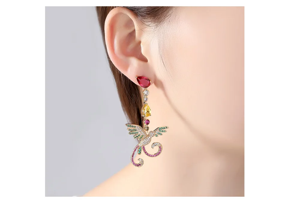 CZ розовое золото Асимметричные животные Феникс длинные висячие Висячие серьги