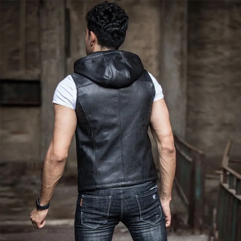 Высокое качество для мужчин высокого 100% настоящая козья кожа жилет с капюшоном