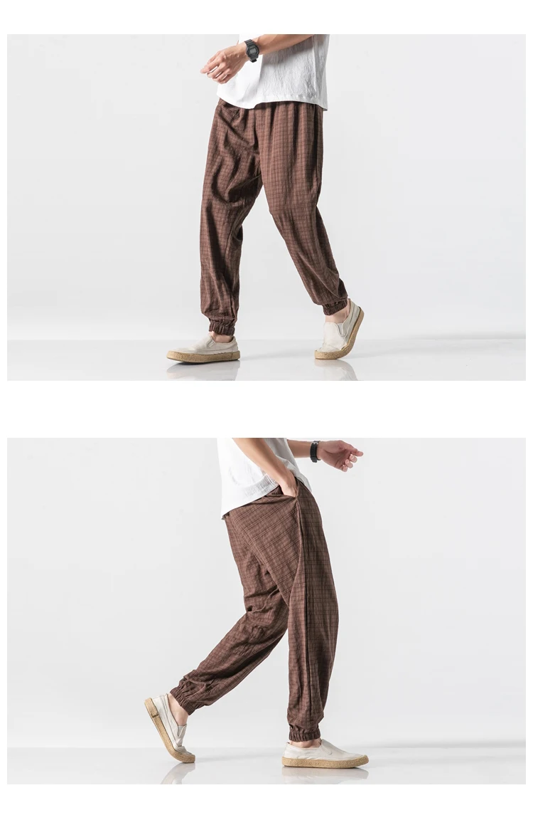 Autumn New Casual Pants Men Cotton Linen Slim Fit Grid Fashion Trousers Male Brand Clothing Plus Size 5XL Y1864