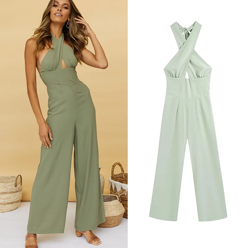 

2022 Ladies Backless Jumpsuit Summer New Arrival Bow Casual High-Waist Sexy Halter Temperament Commuter Wide-Leg Jumpsuit